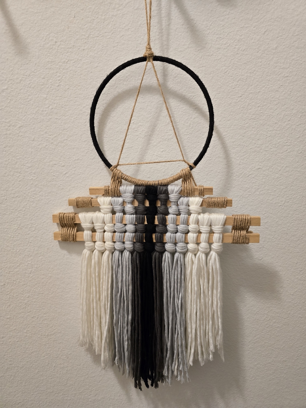 Modern Boho Macrame Wall Hanging in Black, Gray & White